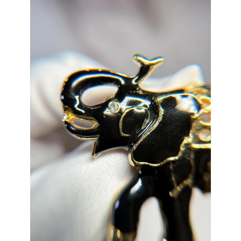 Vintage Black Enamel Elephant Brooch Gold Tone Rhinestone Figural Pin